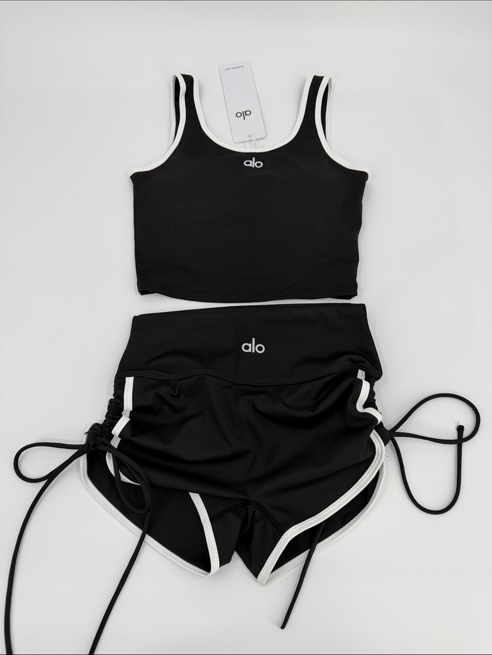 ALO Yoga Black Athletic High-Waist Drawstring Shorts Drawstring & Built in Bra